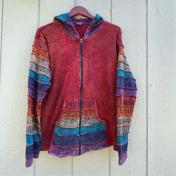 Greater Good Network Sweatshirt Womens XXL Sunshine Zip Hoodie Patchwork BOHO - Picture 3 of 16